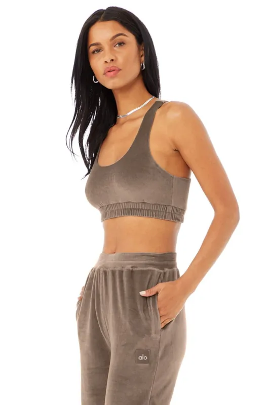 Velour Glimmer Scoop Neck Bra - Hot Cocoa sold by Alo Yoga