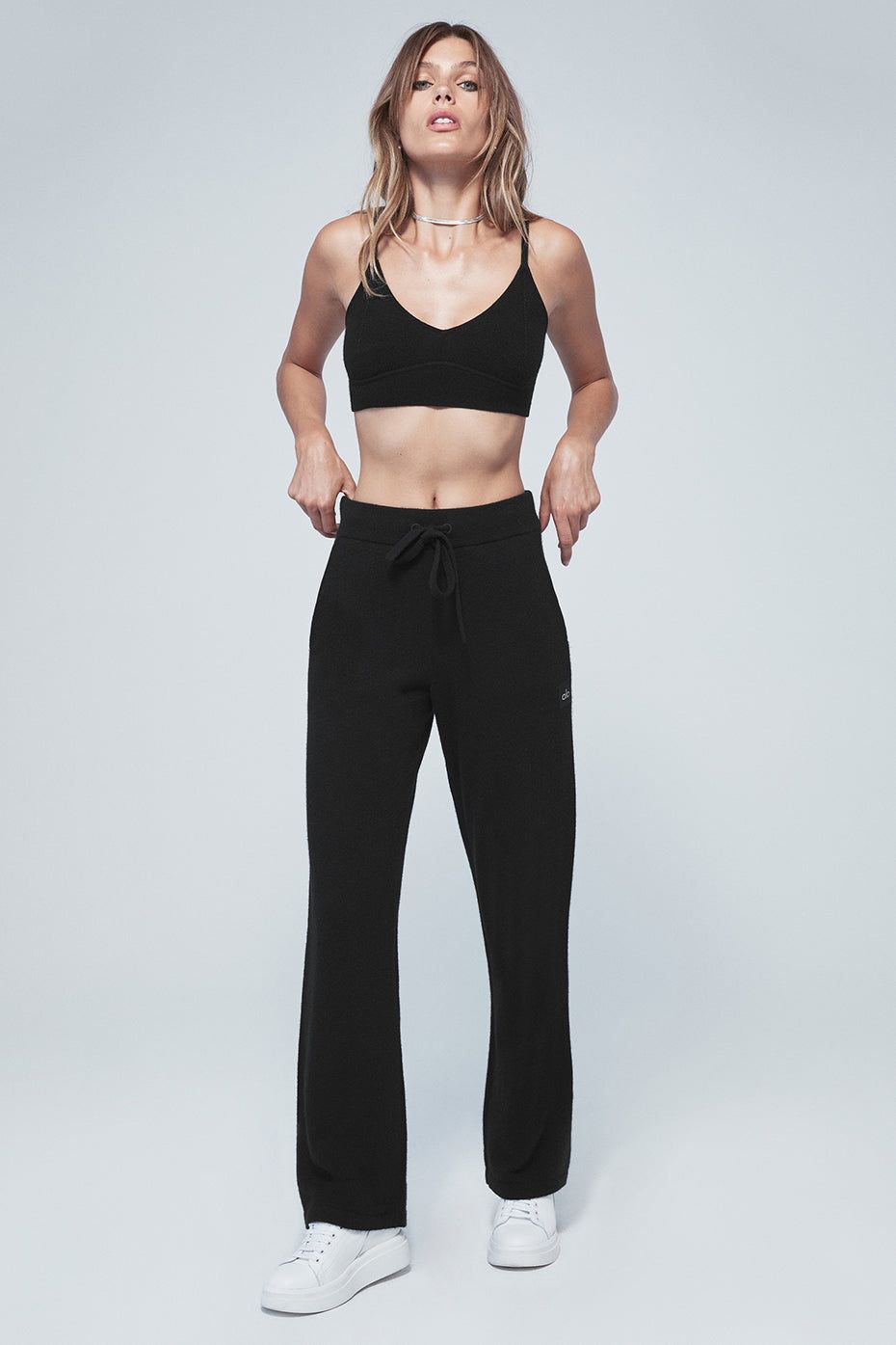 Cashmere Jet Set Bra & Cashmere High-Waist Jet Set Wide Leg Pant Set - Black sold by Alo Yoga