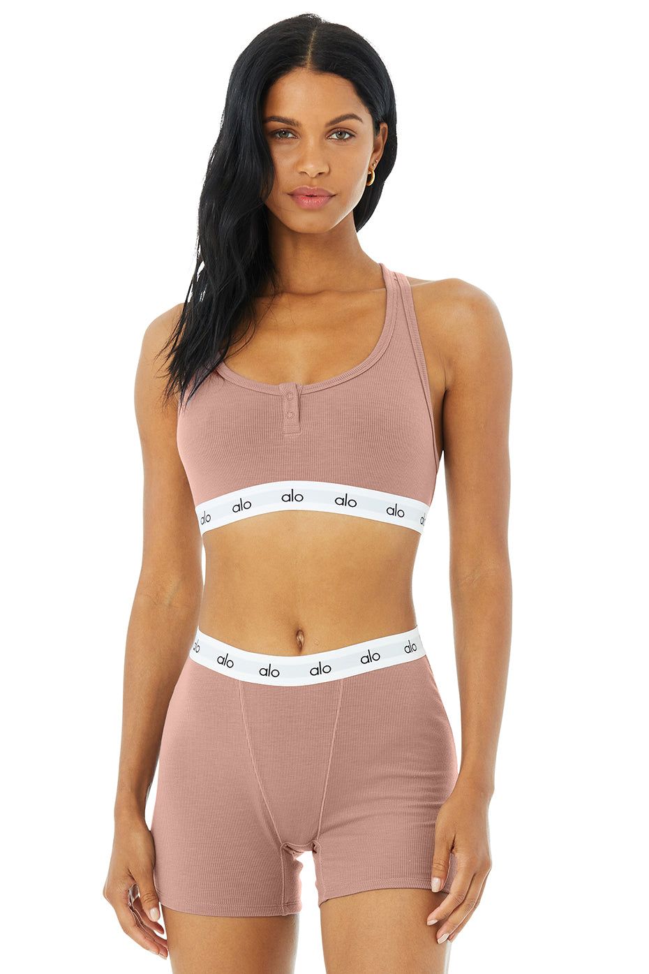 Icon Ribbed Henley Bra - Smoky Quartz sold by Alo Yoga