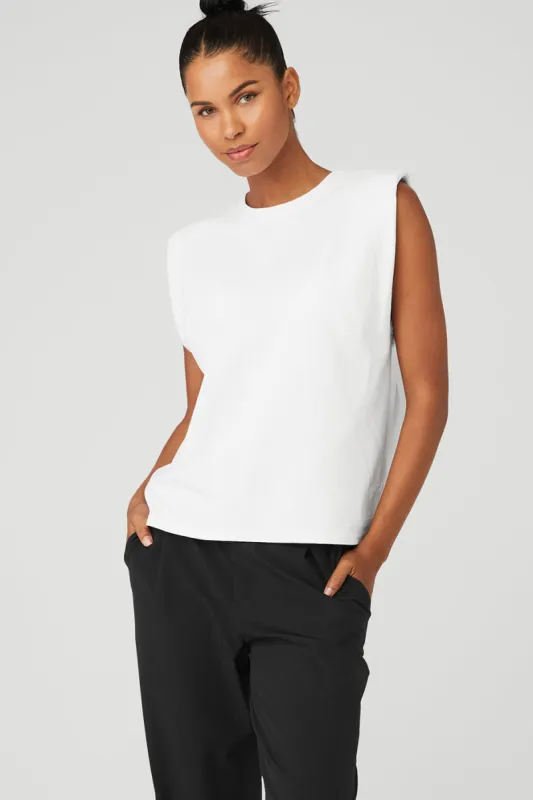 Headliner Shoulder Pad Sleeveless Tee - White sold by Alo Yoga
