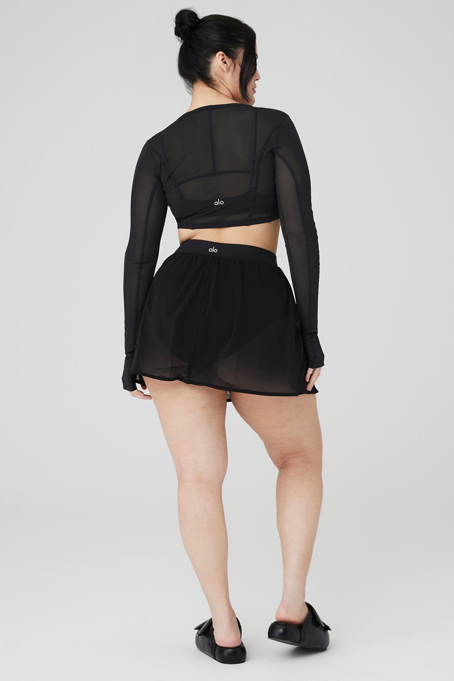 Mesh Cropped Fine Line Long Sleeve & Mesh Sheer Bliss Skirt Set - Black sold by Alo Yoga product image thumbnail 6