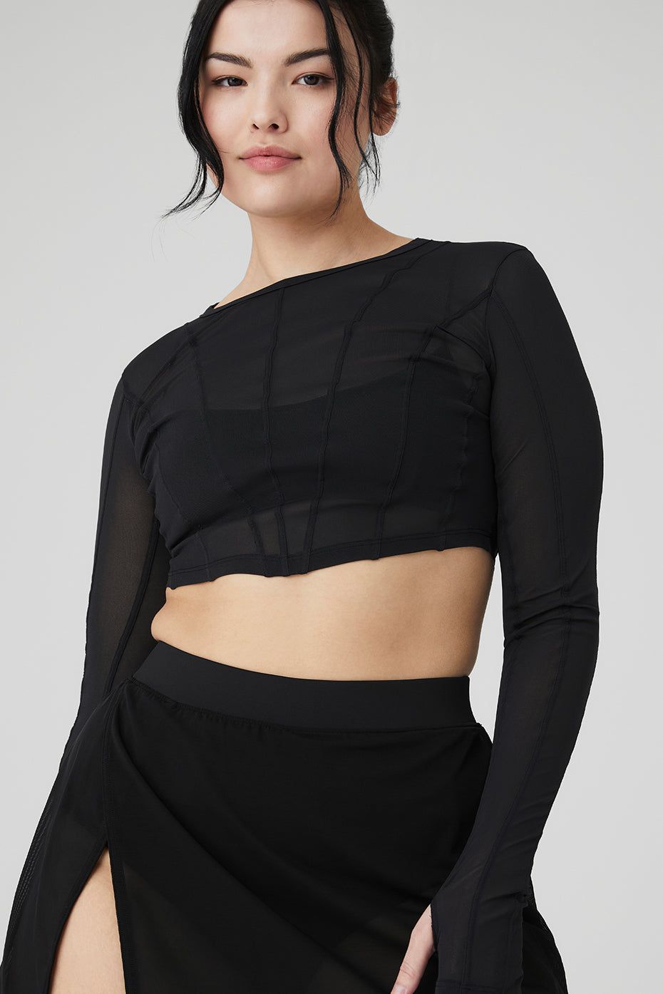 Mesh Cropped Fine Line Long Sleeve & Mesh Sheer Bliss Skirt Set - Black sold by Alo Yoga product image thumbnail 8