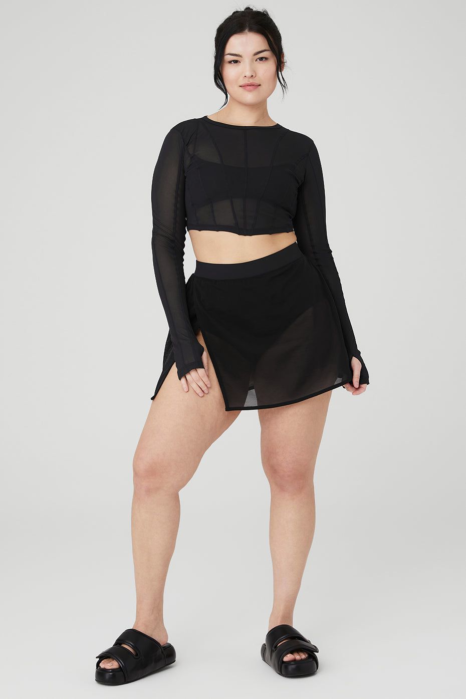 Mesh Cropped Fine Line Long Sleeve & Mesh Sheer Bliss Skirt Set - Black sold by Alo Yoga product image thumbnail 5