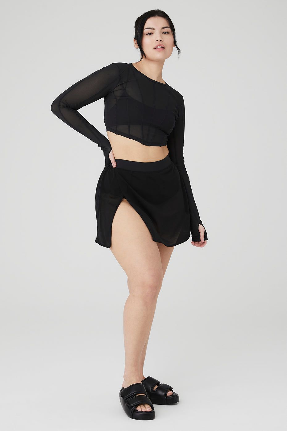 Mesh Cropped Fine Line Long Sleeve & Mesh Sheer Bliss Skirt Set - Black sold by Alo Yoga product image thumbnail 7