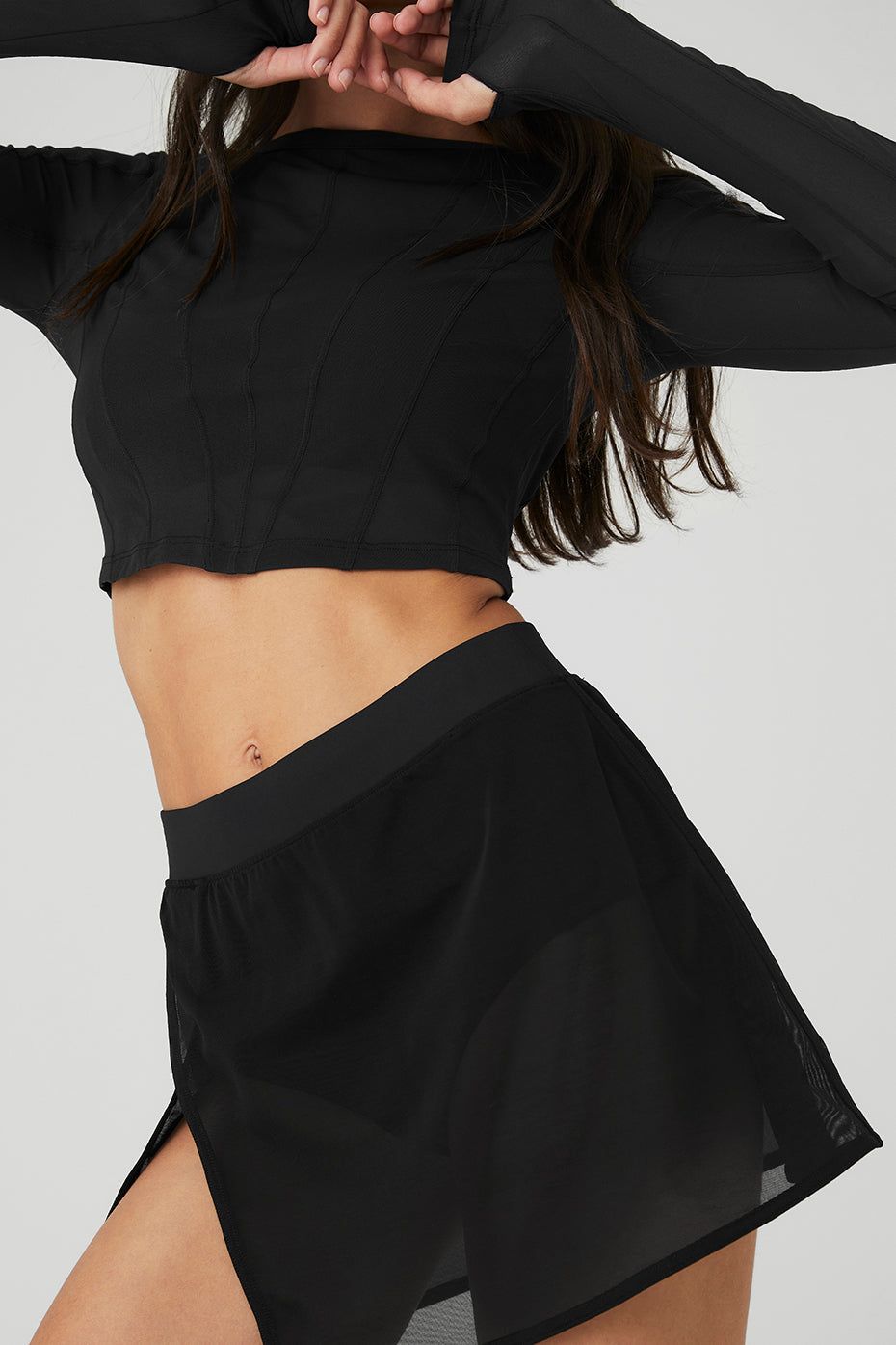 Mesh Cropped Fine Line Long Sleeve & Mesh Sheer Bliss Skirt Set - Black sold by Alo Yoga product image thumbnail 4