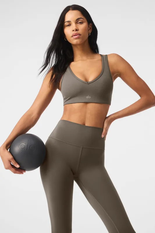 Airlift Ribbed Jump Start V-Neck Bra - Olive Tree sold by Alo Yoga