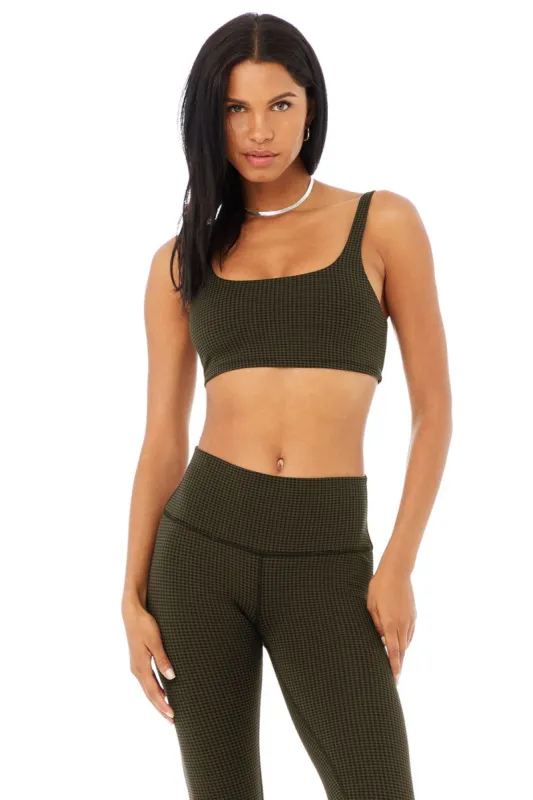 Micro Houndstooth Bra - Dark Olive/Black sold by Alo Yoga