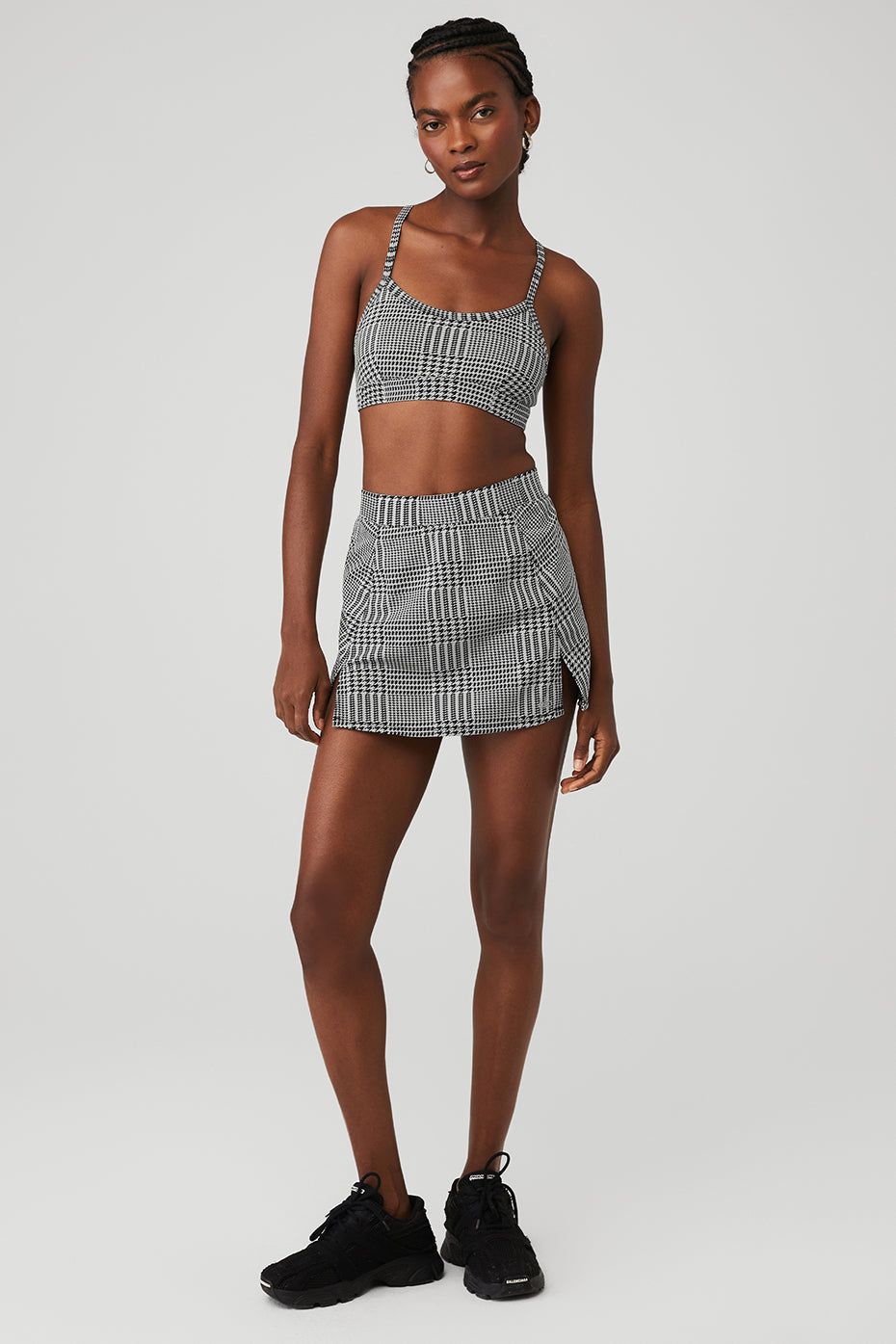 Jacquard Glenplaid Gratitude Bra & Jacquard Glenplaid Tennis Skirt Set sold by Alo Yoga