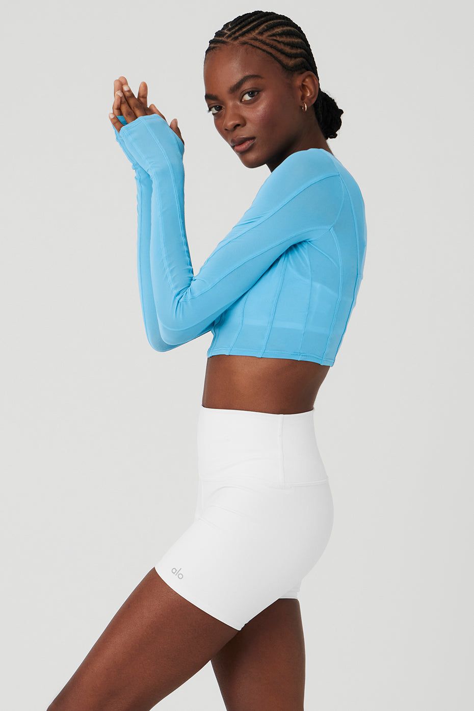 Mesh Cropped Fine Line Long Sleeve - Azure Blue sold by Alo Yoga product image thumbnail 4