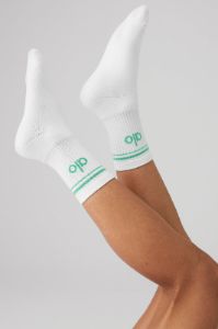 Unisex Half-Crew Throwback Sock - White/Lettuce sold by Alo Yoga