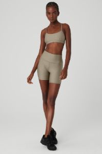 Airlift Leopard Debossed Intrigue Bra & 5" Airlift High-Waist Leopard Debossed Biker Short Set - Gravel sold by Alo Yoga