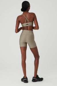 Airlift Leopard Debossed Intrigue Bra & 5" Airlift High-Waist Leopard Debossed Biker Short Set - Gravel sold by Alo Yoga