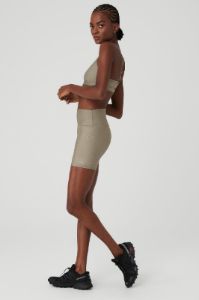 Airlift Leopard Debossed Intrigue Bra & 5" Airlift High-Waist Leopard Debossed Biker Short Set - Gravel sold by Alo Yoga