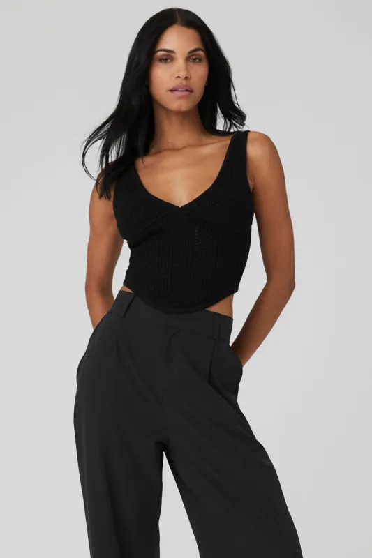 Open-Knit Chase The Sun Corset Tank - Black sold by Alo Yoga