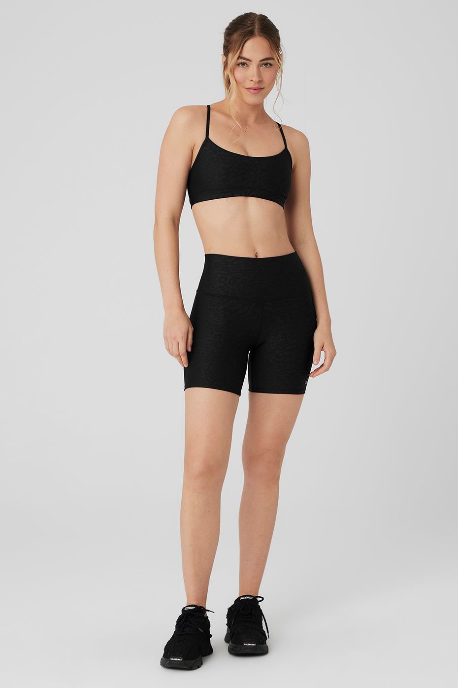 Airlift Leopard Debossed Intrigue Bra & 5" Airlift High-Waist Leopard Debossed Biker Short Set sold by Alo Yoga