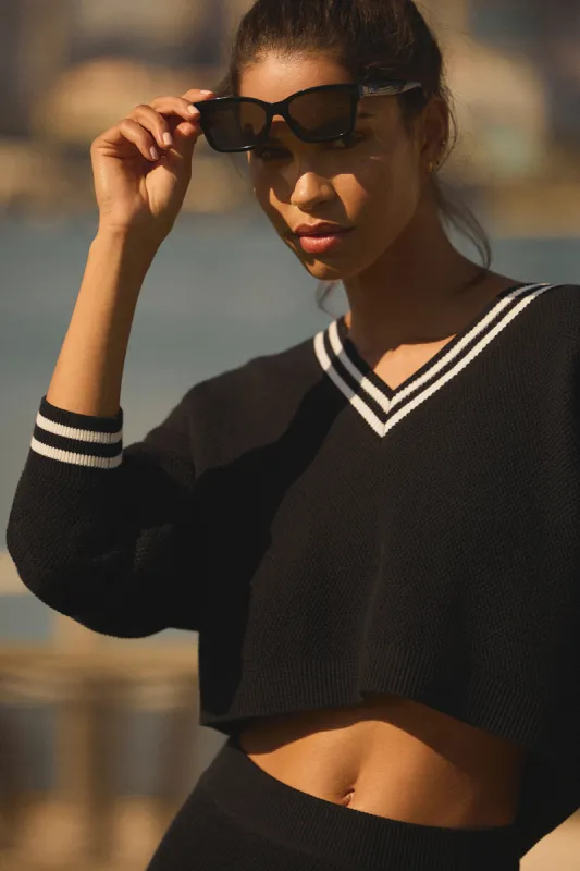 Tennis Club Sweater Knit V-Neck Pullover - Black/Ivory sold by Alo Yoga