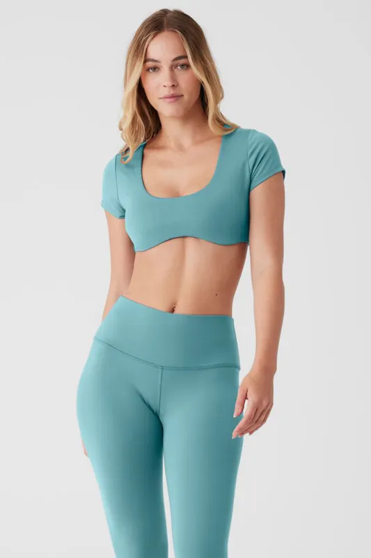 Airbrush Figure Short Sleeve Bra - Teal Agate sold by Alo Yoga