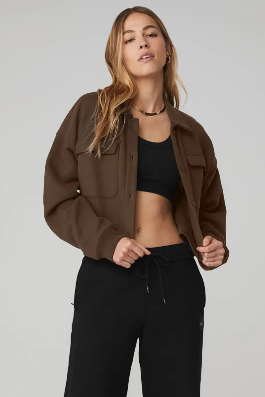 Renown Cropped Button-Up Pullover - Espresso sold by Alo Yoga