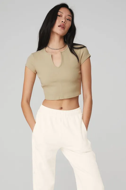 Ribbed Cropped Savvy Short Sleeve - California Sand sold by Alo Yoga