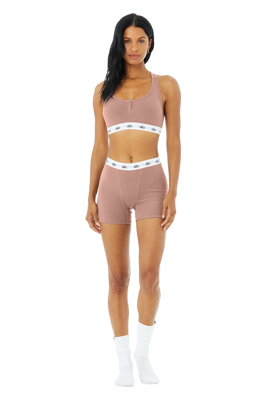 フィットネストップス [Alo Yoga] Icon Ribbed Henley Bra Icon Ribbed Henley Bra - Athletic Heather Grey | Alo Yoga