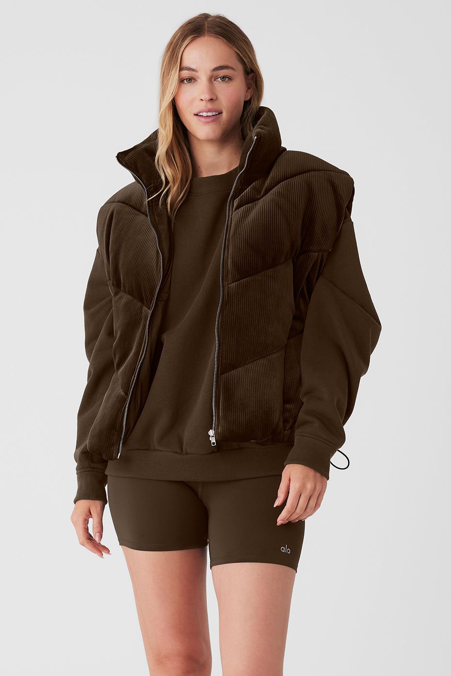 Ribbed Velour Mountain Side Puffer Vest - Espresso sold by Alo Yoga