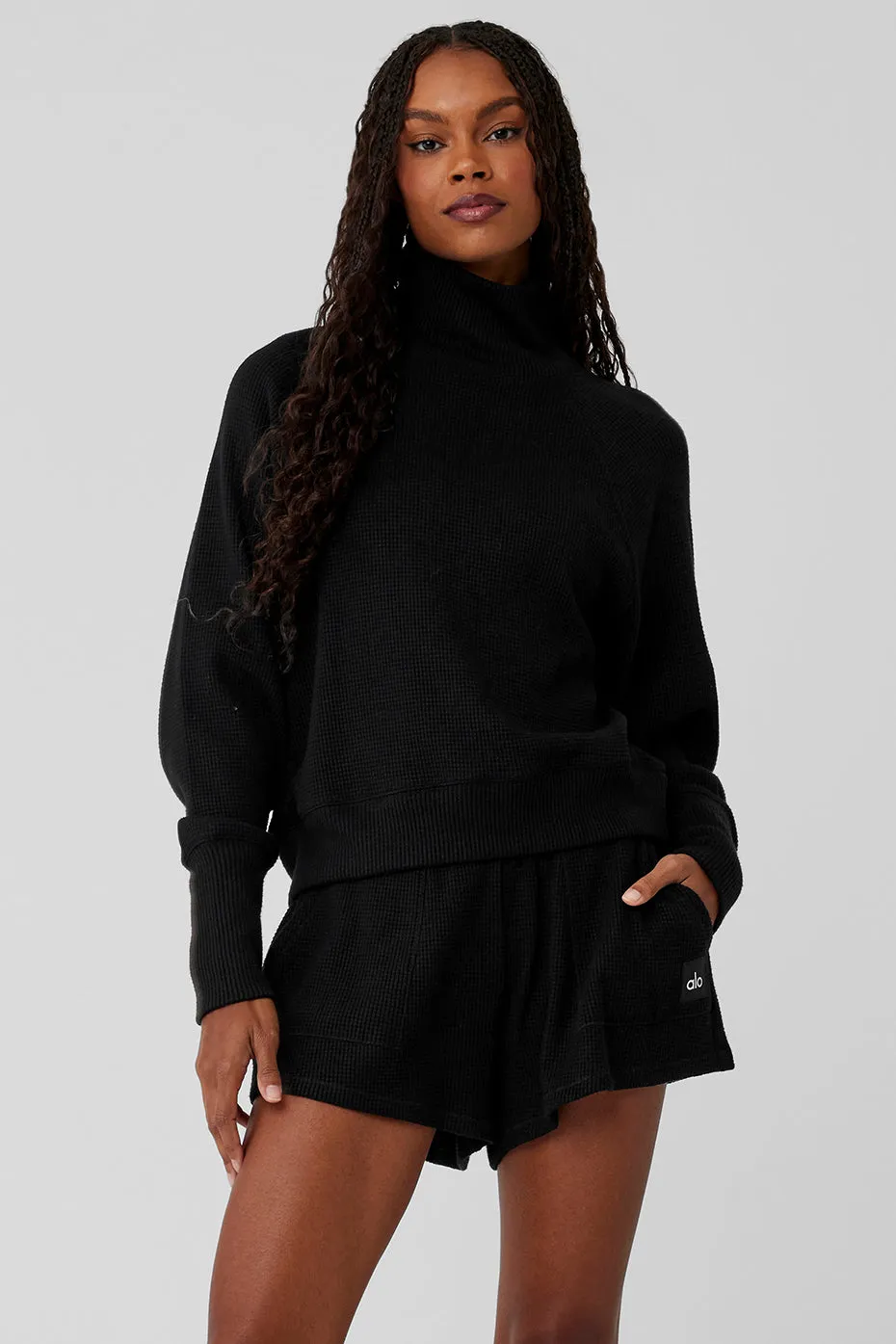 Waffle Weekend Escape Mock Neck Long Sleeve - Black sold by Alo Yoga