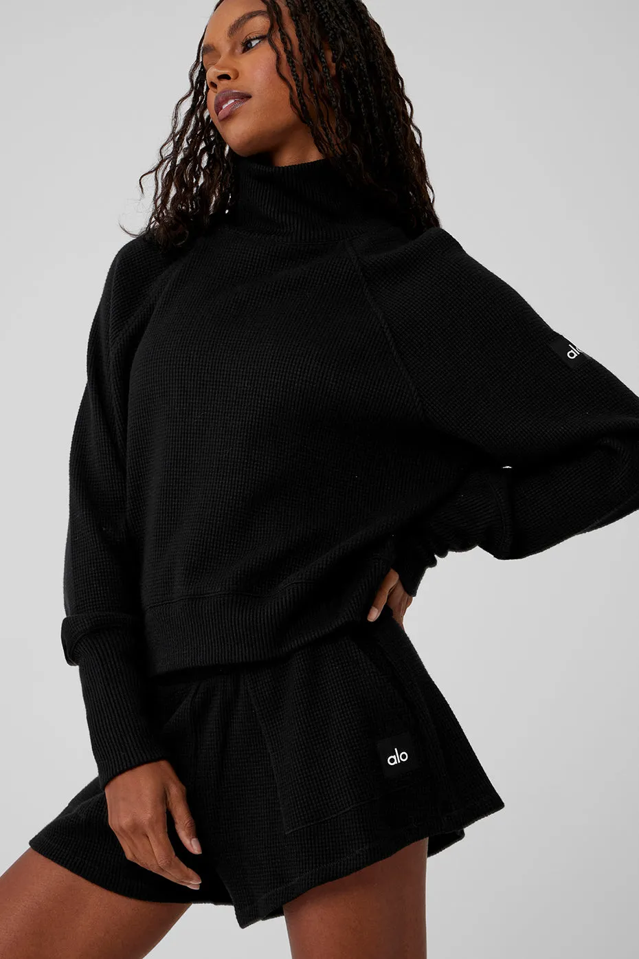 Waffle Weekend Escape Mock Neck Long Sleeve - Black sold by Alo Yoga product image thumbnail 5