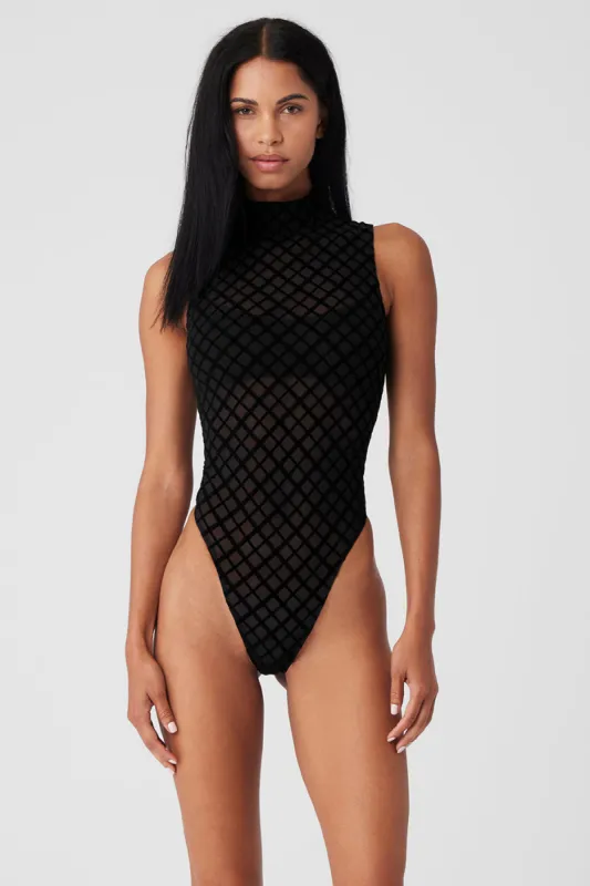 Mesh Plaid Mock Neck Bodysuit - Black sold by Alo Yoga