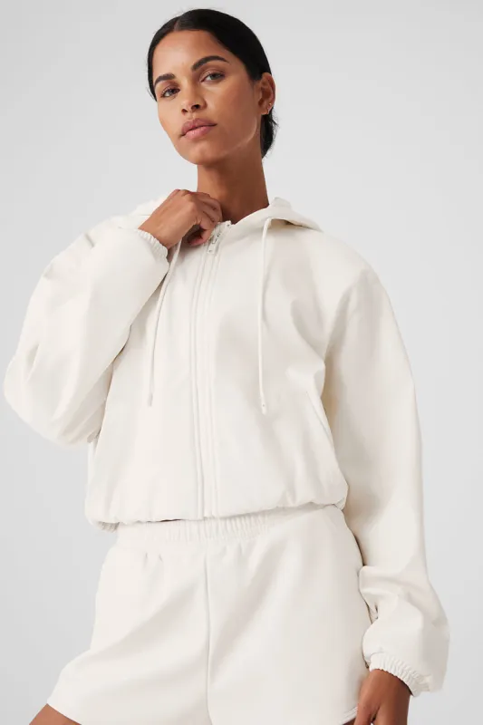Faux Leather Power Hour Full Zip Cropped Jacket - Ivory sold by Alo Yoga