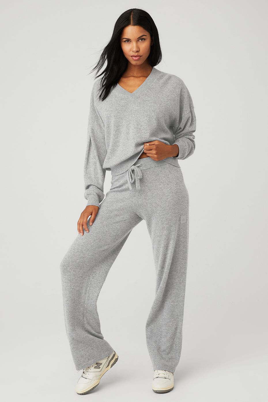 Cashmere Jet Set V-Neck Pullover & Cashmere High-Waist Jet Set Wide Leg Pant Set - Dove Grey Heather sold by Alo Yoga
