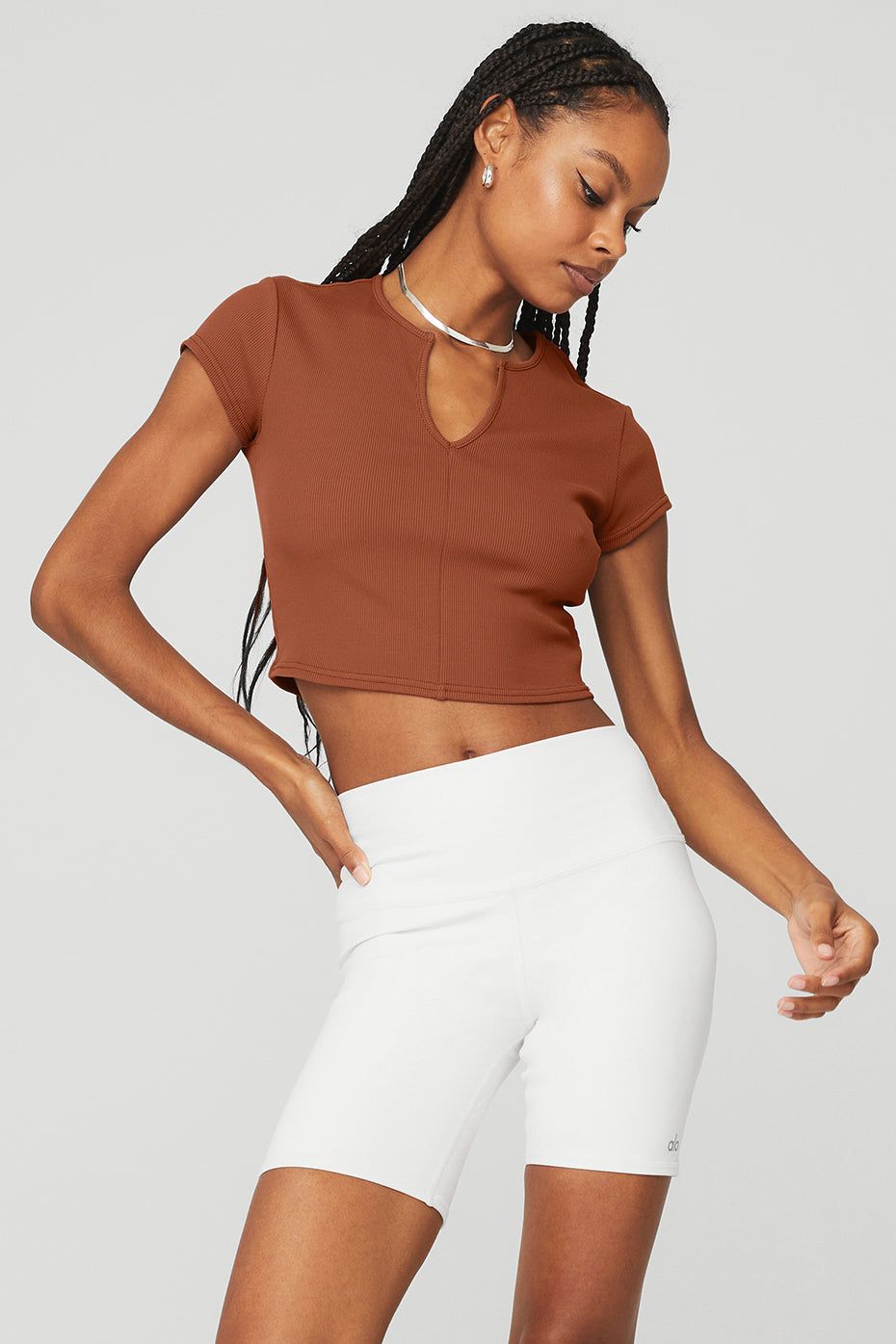 Ribbed Cropped Savvy Short Sleeve - Rust sold by Alo Yoga
