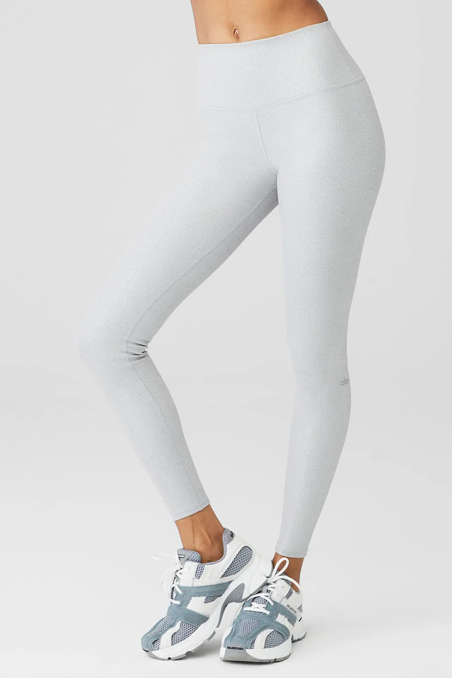 Alosoft Ribbed High-Waist Shimmer Legging - Light Grey Iridescent sold by Alo Yoga