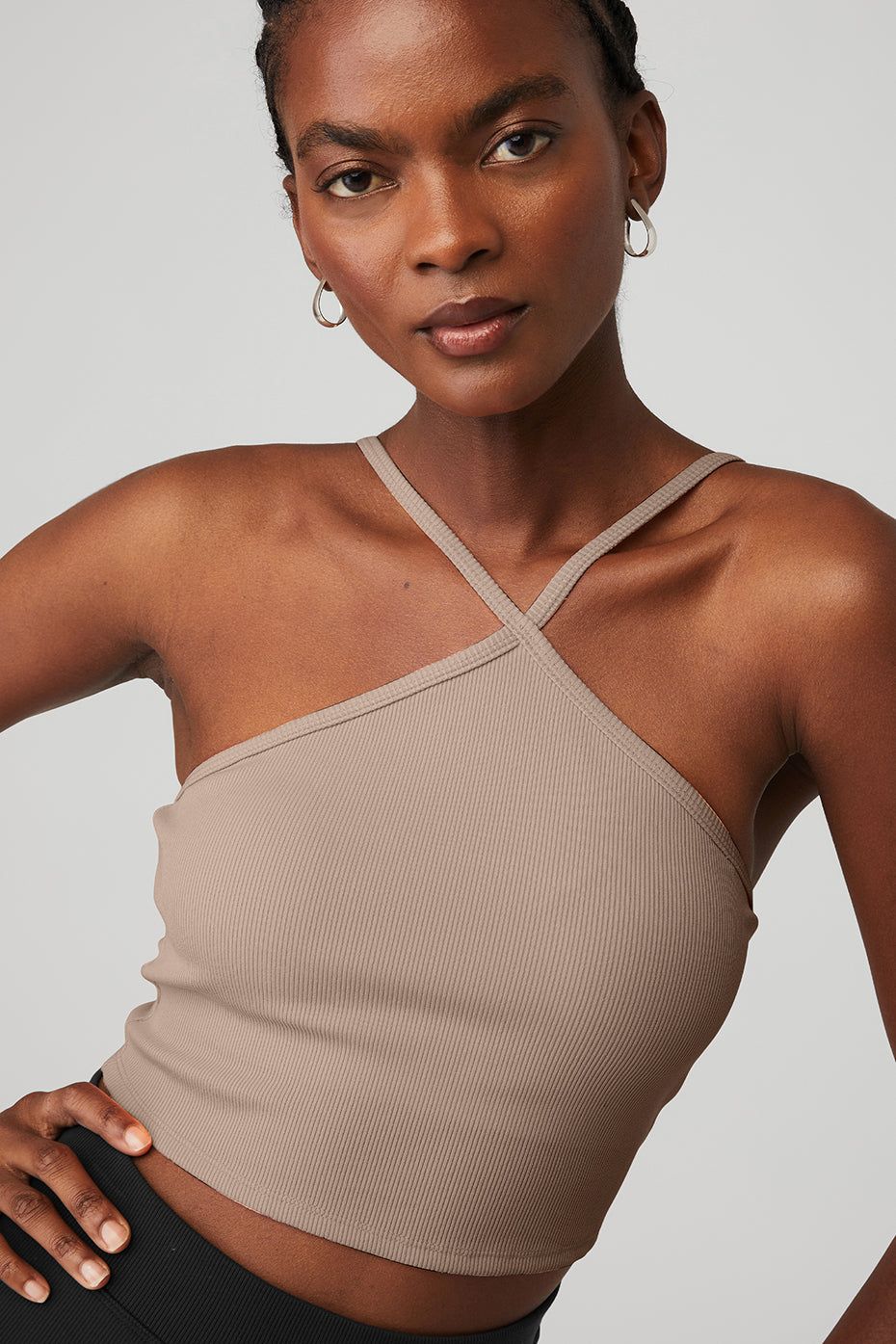Goddess Ribbed Cross Crop Top - Taupe sold by Alo Yoga product image thumbnail 4