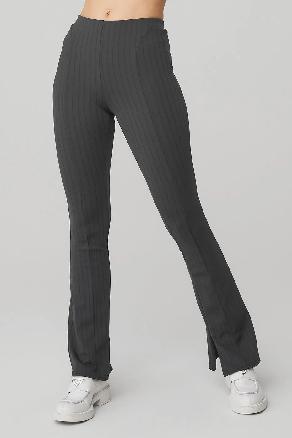 High-Waist Pinstripe Zip It Flare Legging - Anthracite/Black sold by Alo Yoga