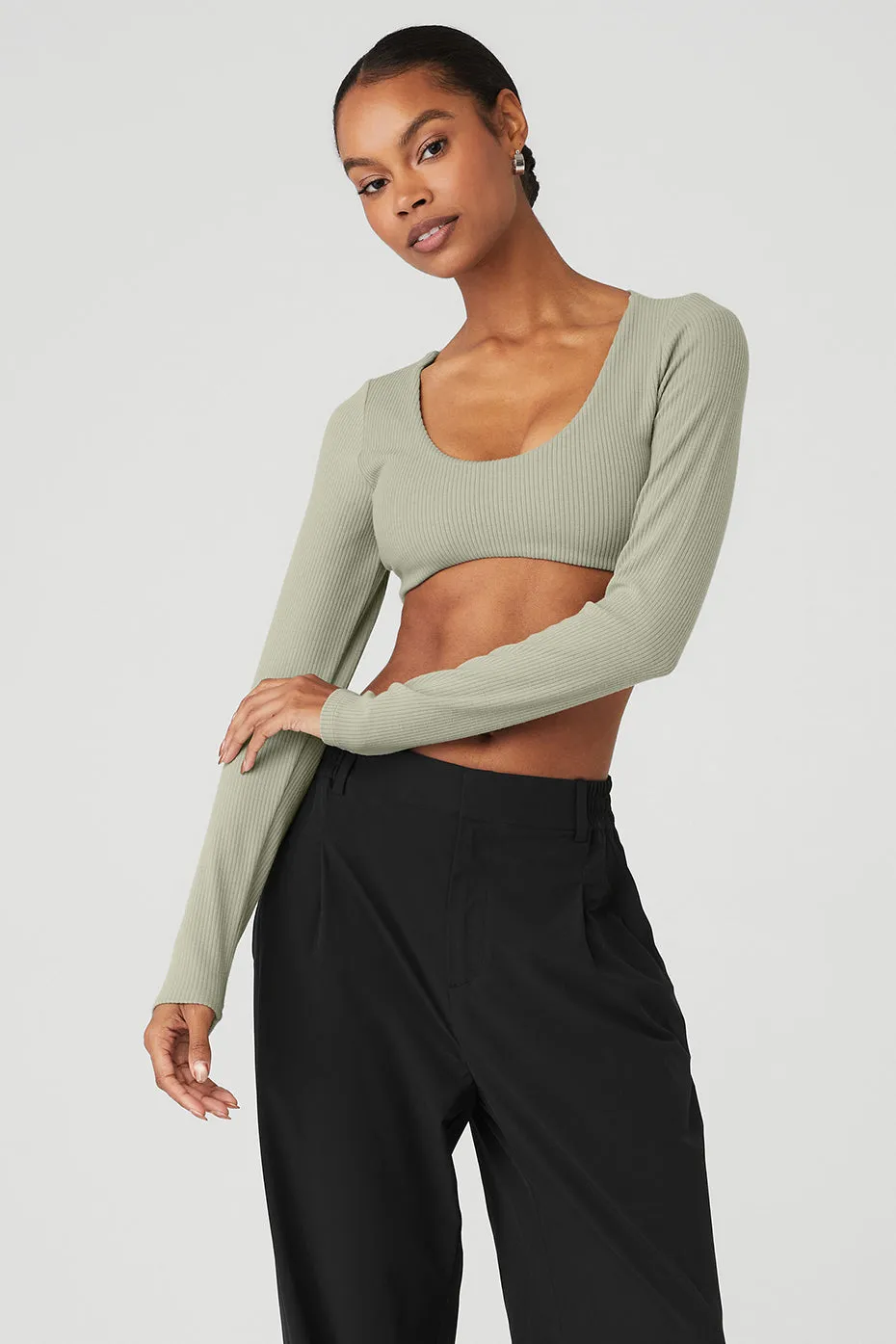 Ribbed Defined Long Sleeve Bra - Limestone sold by Alo Yoga
