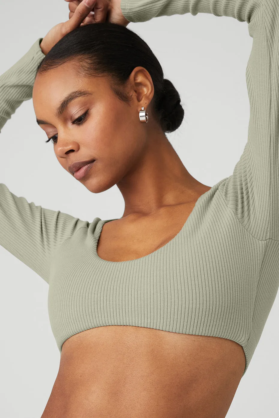 Ribbed Defined Long Sleeve Bra - Limestone sold by Alo Yoga product image thumbnail 4
