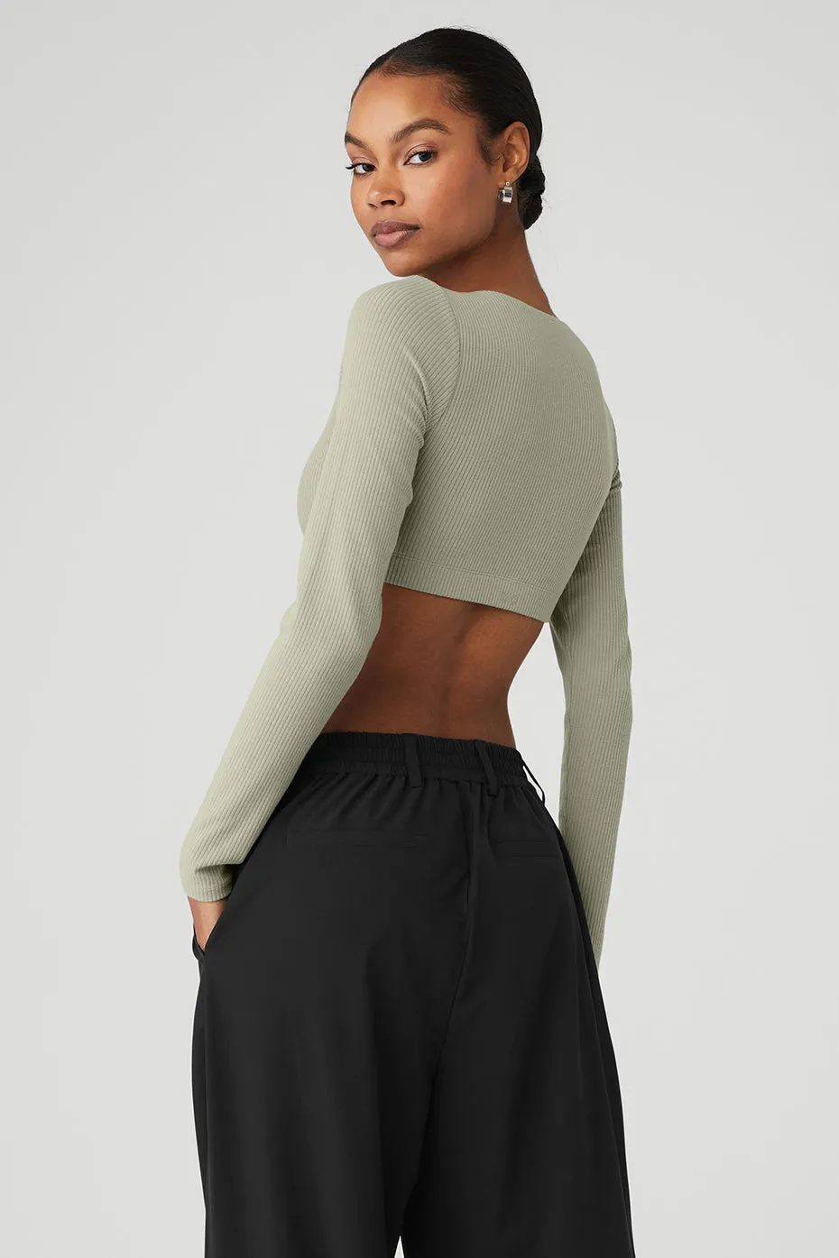 Ribbed Defined Long Sleeve Bra - Limestone sold by Alo Yoga product image thumbnail 2