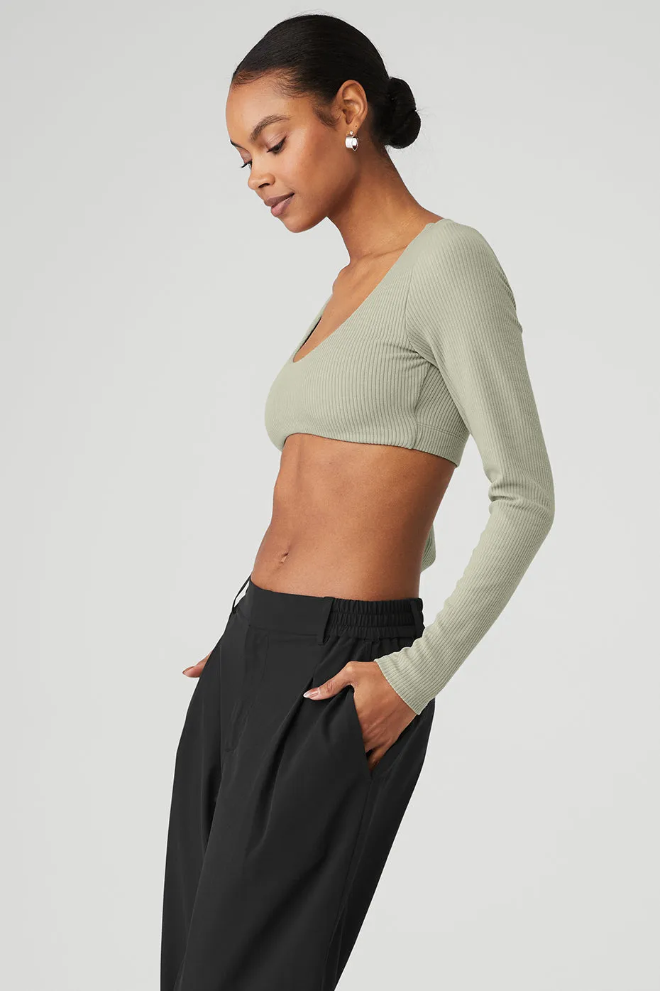 Ribbed Defined Long Sleeve Bra - Limestone sold by Alo Yoga product image thumbnail 3