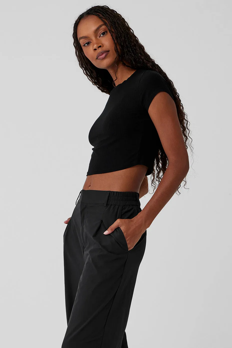 Ribbed Sea Coast Cropped Short Sleeve Tee - Black sold by Alo Yoga product image thumbnail 3