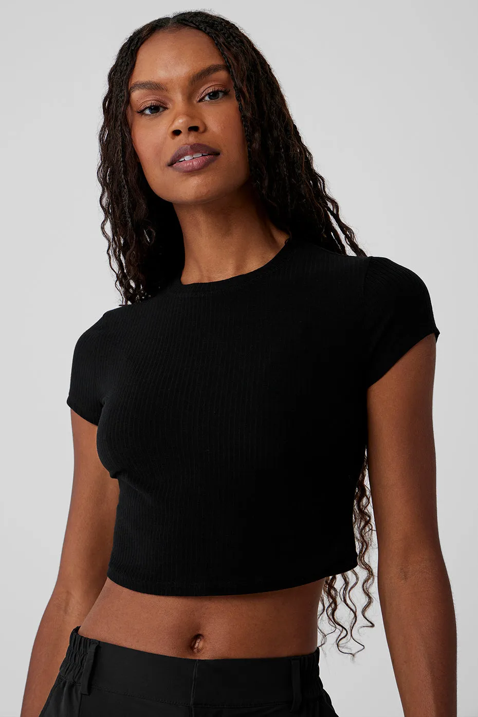 Ribbed Sea Coast Cropped Short Sleeve Tee - Black sold by Alo Yoga product image thumbnail 4