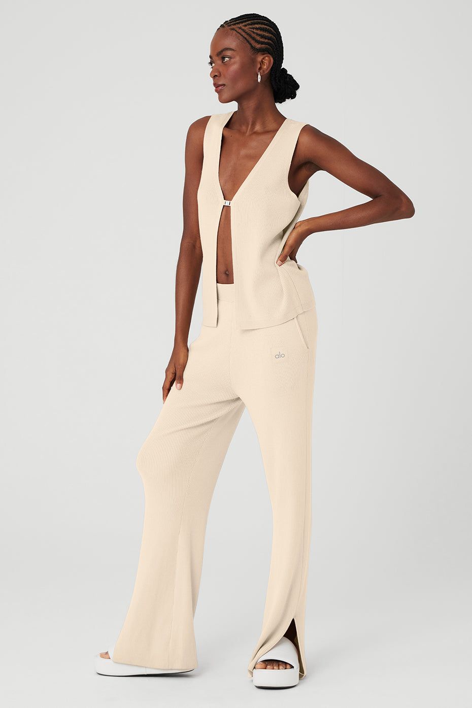 Knit Salana Tank & Knit High-Waist Salana Wide Leg Pant Set - Macadamia sold by Alo Yoga product image thumbnail 3