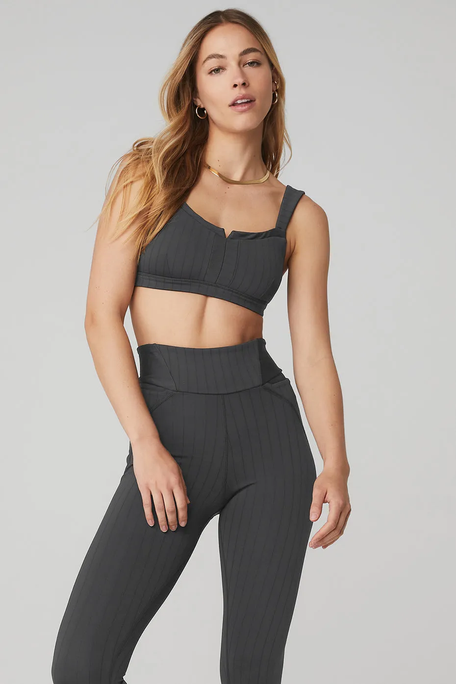 Pinstripe Jacquard Captivate Bra - Anthracite/Black sold by Alo Yoga