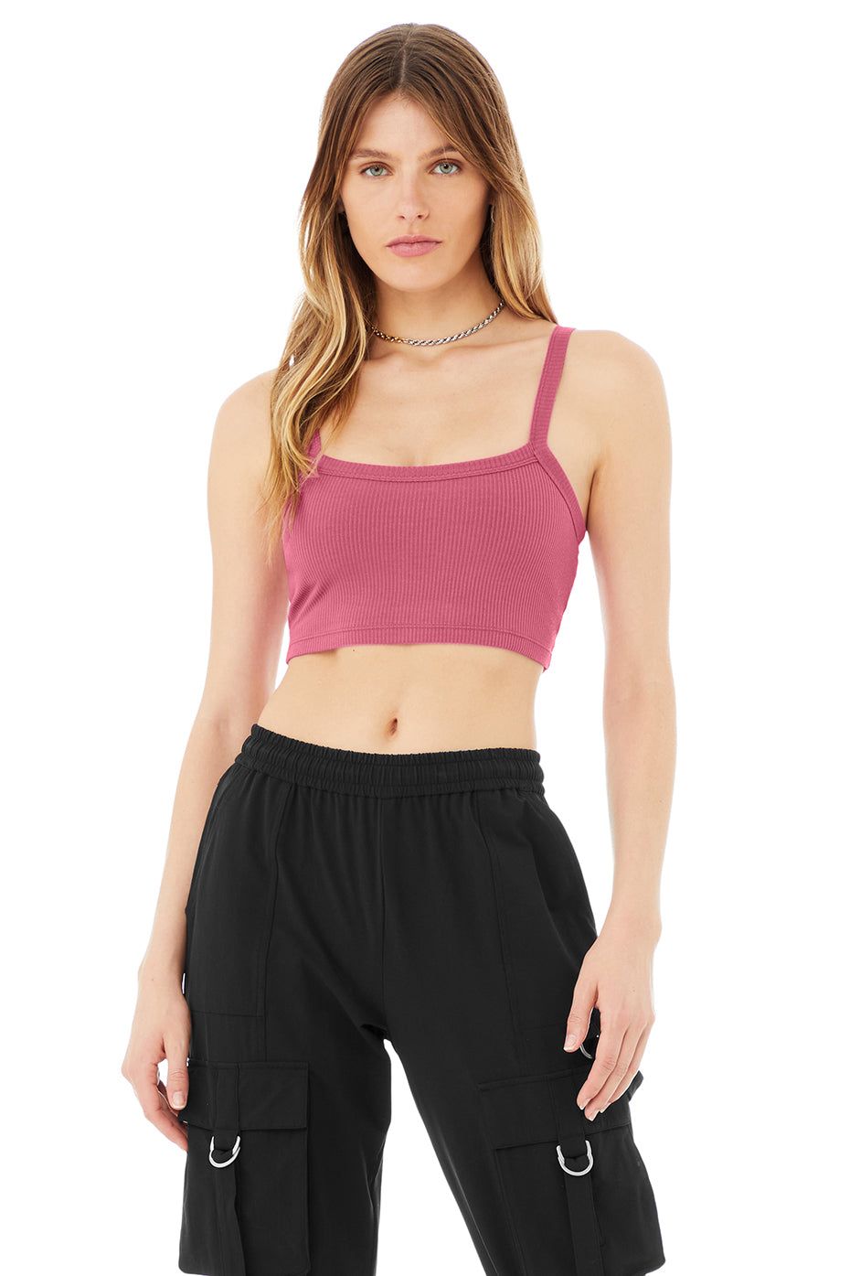 Ribbed Crop Whisper Bra Tank - Raspberry Sorbet sold by Alo Yoga