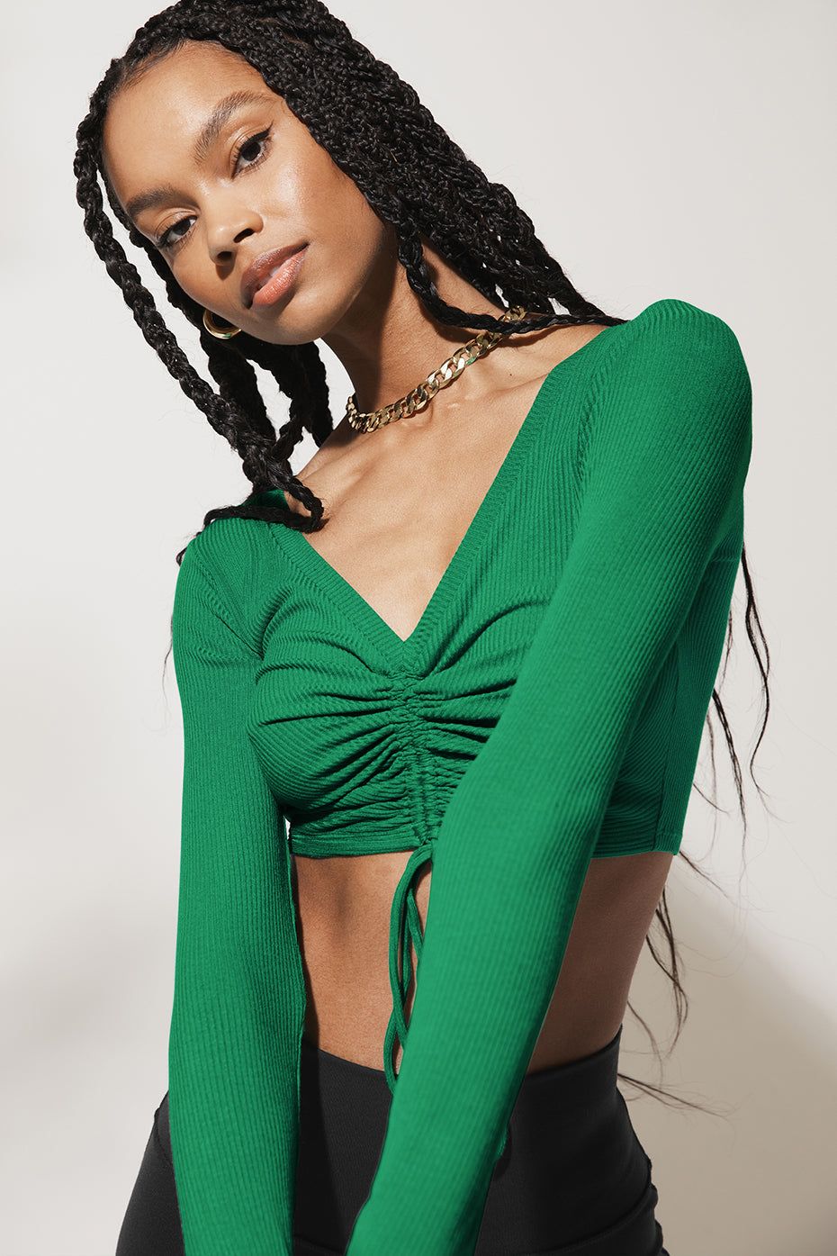 Ribbed Cinch Cropped Long Sleeve - Green Emerald sold by Alo Yoga product image thumbnail 5