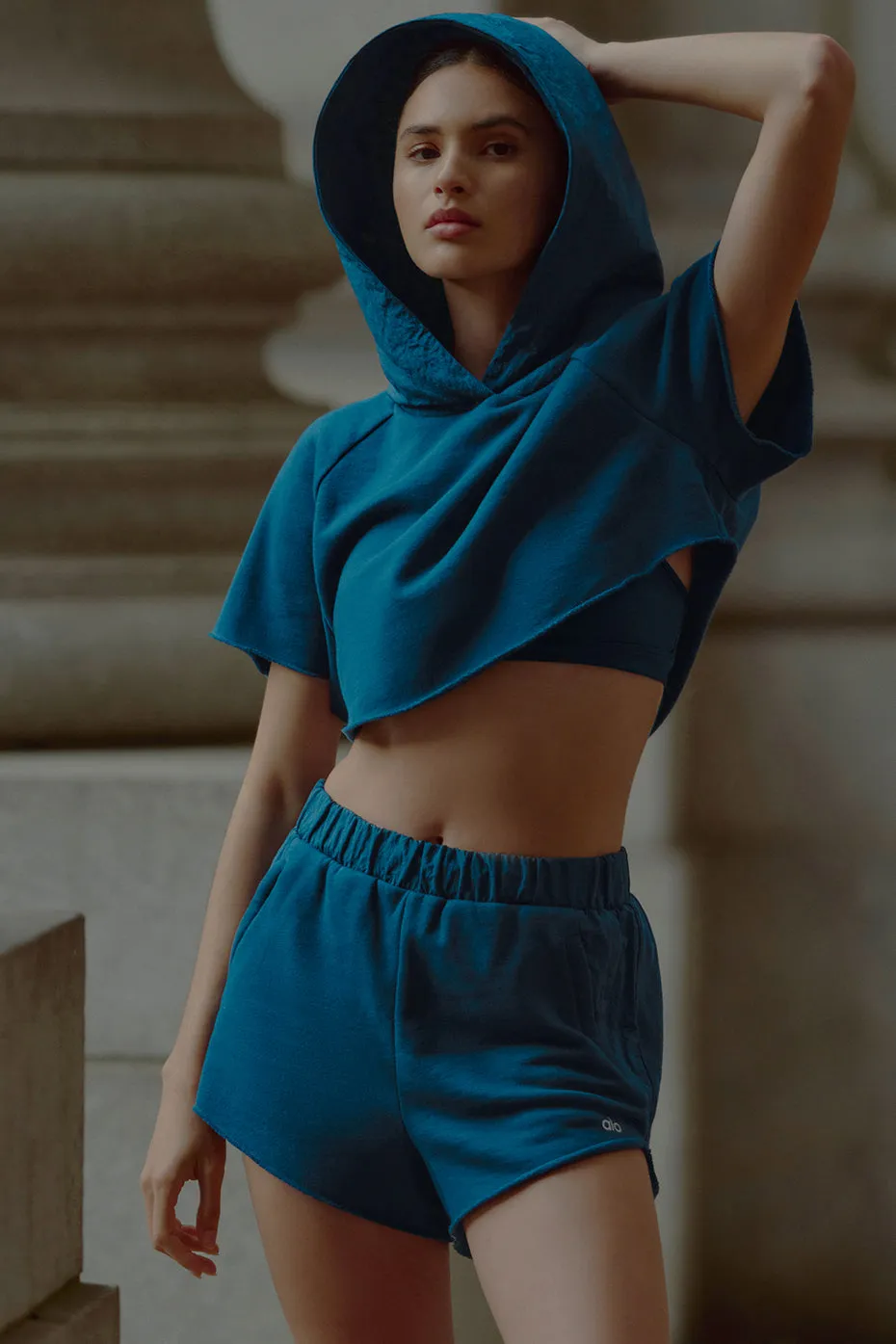 Cropped In The Air Short Sleeve Hoodie - Eclipse Blue sold by Alo Yoga