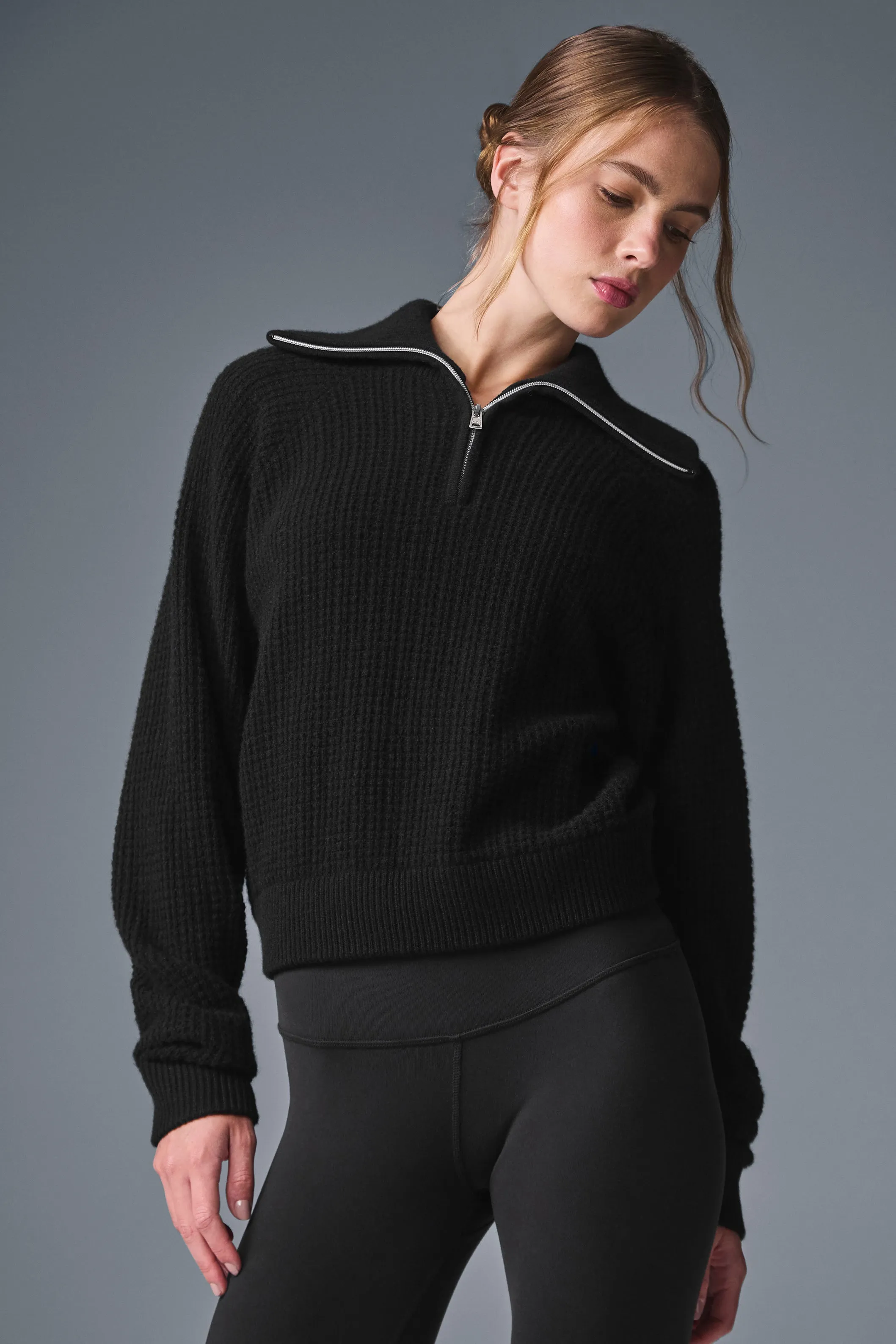 Cashmere Plush Waffle 1/4 Zip Pullover - Black sold by Alo Yoga