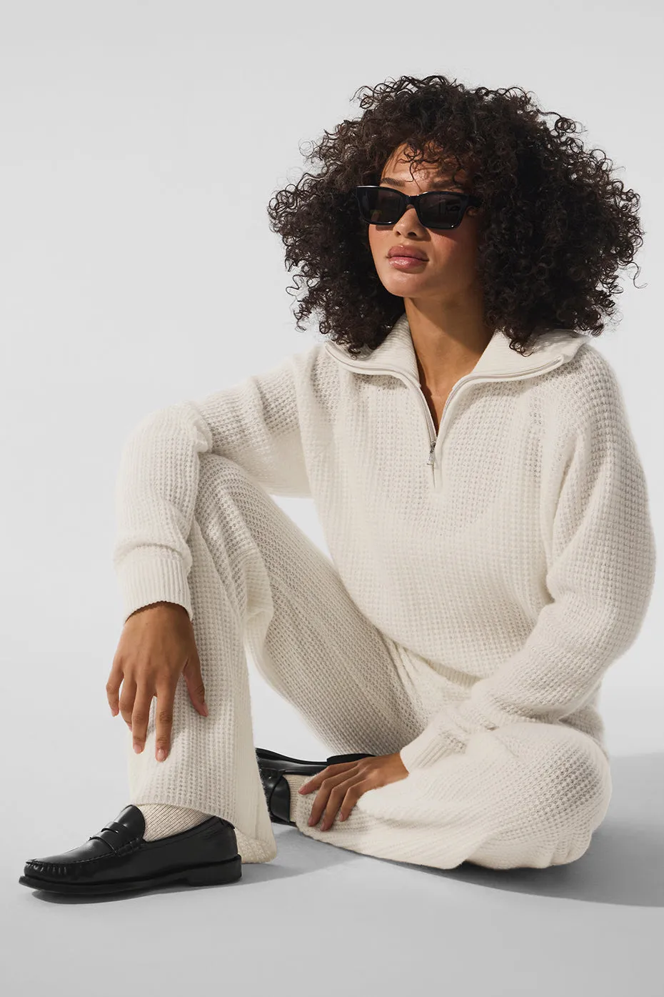 Cashmere Plush Waffle 1/4 Zip Pullover - Ivory sold by Alo Yoga