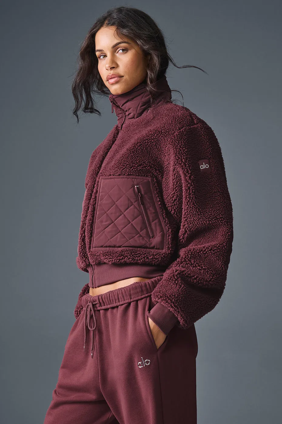Sherpa Edge Bomber - Burgundy Truffle sold by Alo Yoga