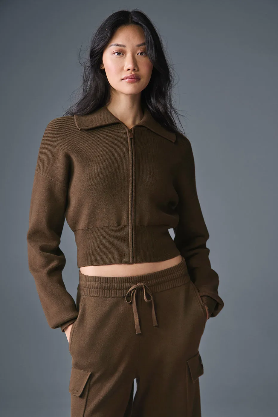 Scholar Knit Cropped Full Zip Jacket - Espresso sold by Alo Yoga