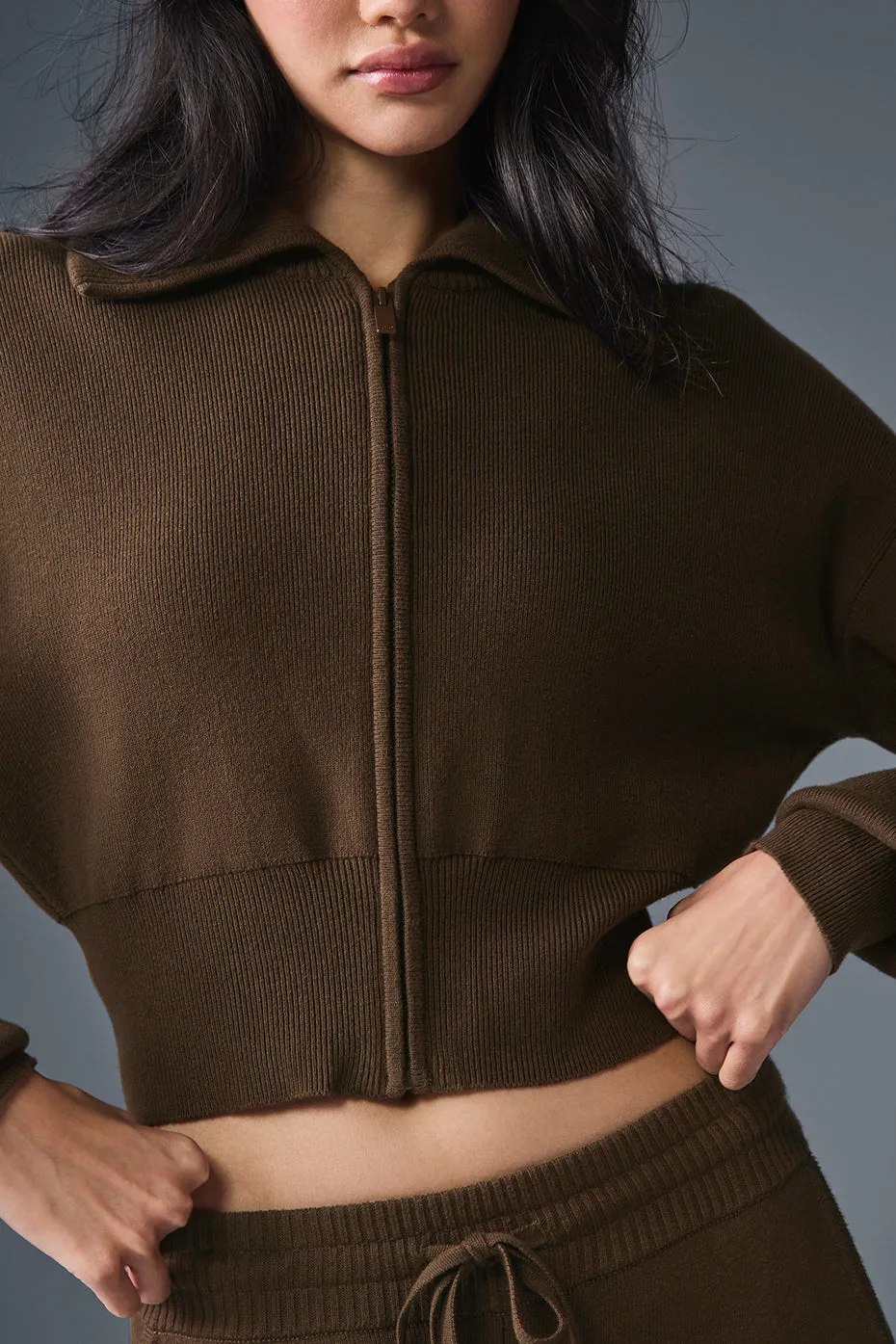 Scholar Knit Cropped Full Zip Jacket - Espresso sold by Alo Yoga product image thumbnail 3